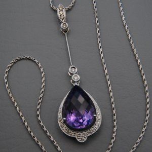 SOLD!!!!!! White Gold Amethyst and Diamond Drop Pendant 18” snake chain